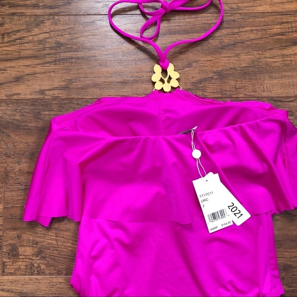 Trina Turk • halter high neck swimsuit one piece orchid flounce fuchsia pink - Picture 11 of 14